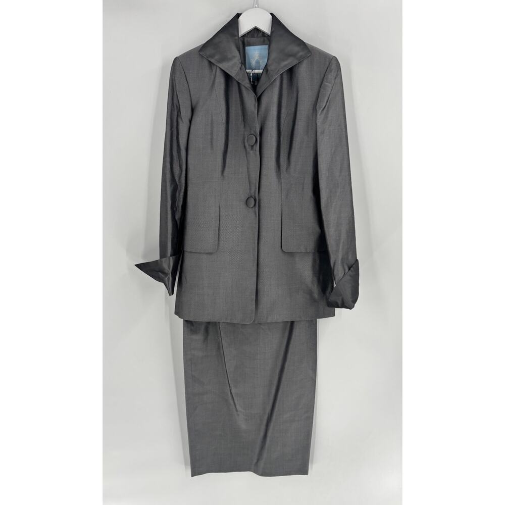 Zang Toi Vintage Skirt Suit Womens 4/6 Gray Metallic Satin 100% Silk Buttons